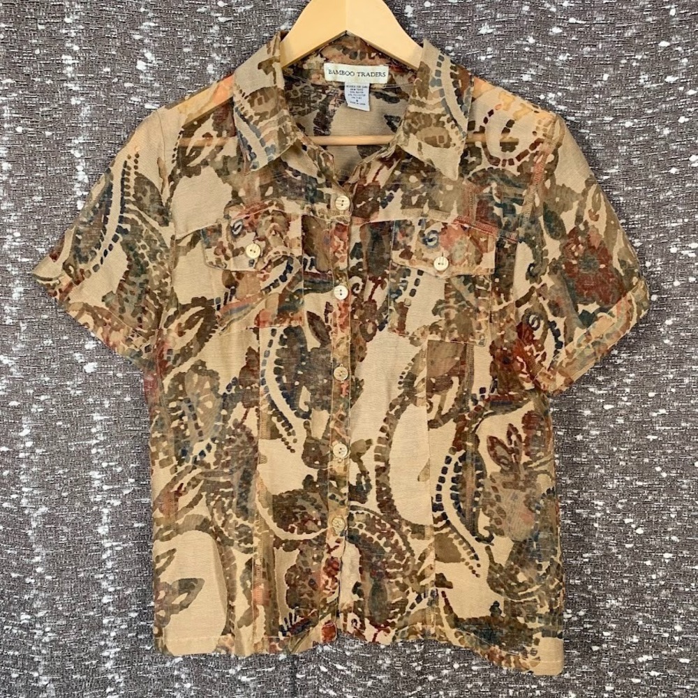 Vintage Bamboo Traders Brown Semi Sheer Button Up Blouse Boho‎ Women's Small